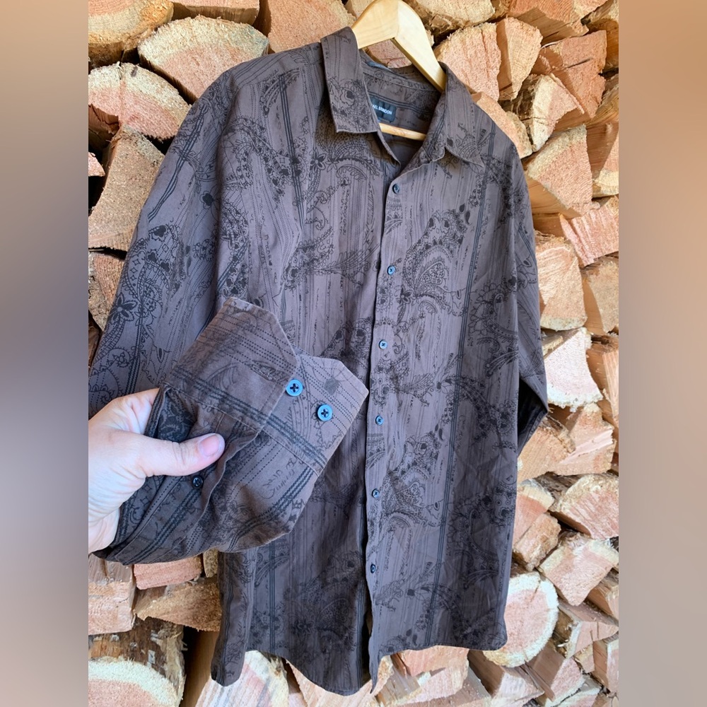 Paisley Dress Shirt Mens 2XL Brown Long Sleeve Button Up Michael Brandon - Picture 5 of 7